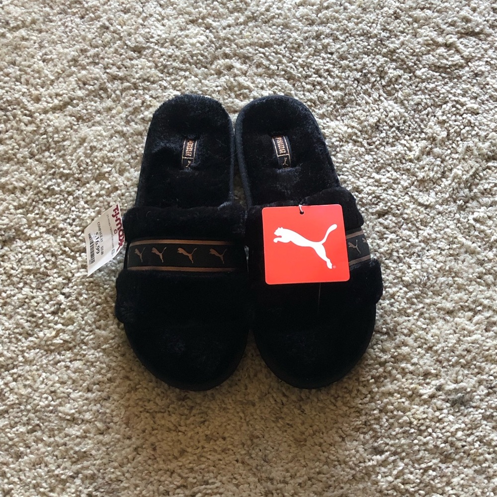 Puma Black Faux Fur and Rose Gold Slides